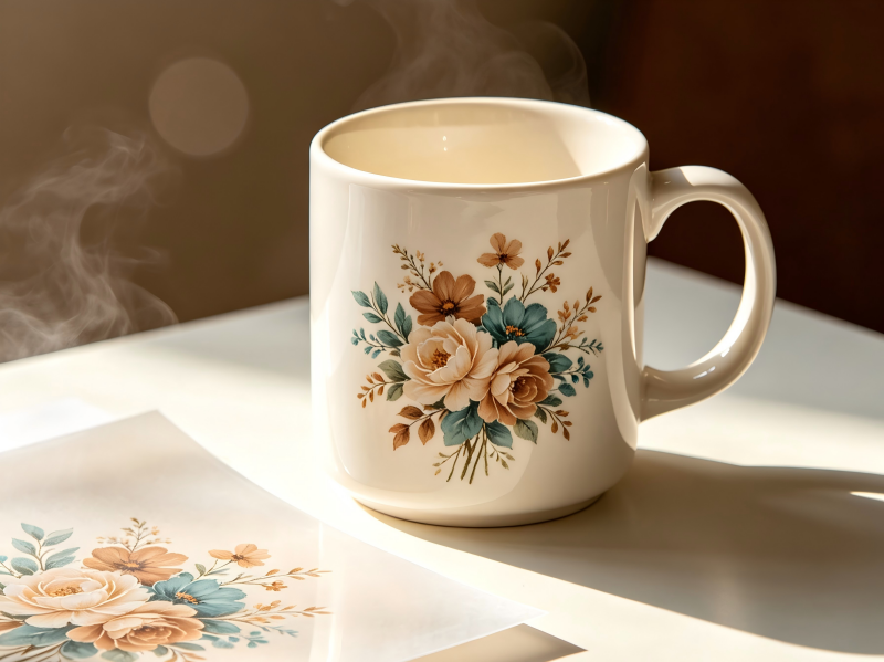 Premium Custom Mug with Ceramic Decal A high-end retail mug with an intricate decal design that is dishwasher safe
