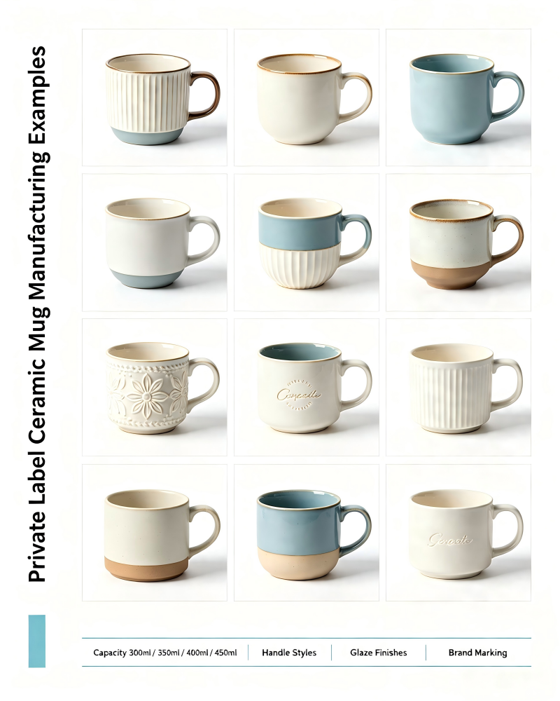 Private Label Ceramic Mug Manufacturing Examples An assortment of private label ceramic mugs showing different colors and logos, illustrating the potential of private label ceramic mug manufacturing