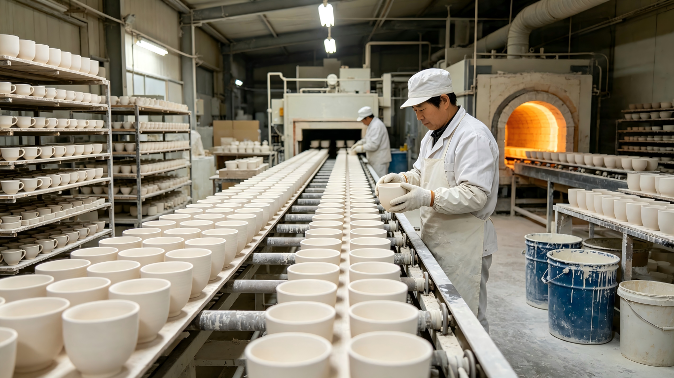 Production Line at a Ceramic Mug Factory A worker inspecting a line of newly produced mugs, illustrating the scale required by a ceramic mug manufacturer
