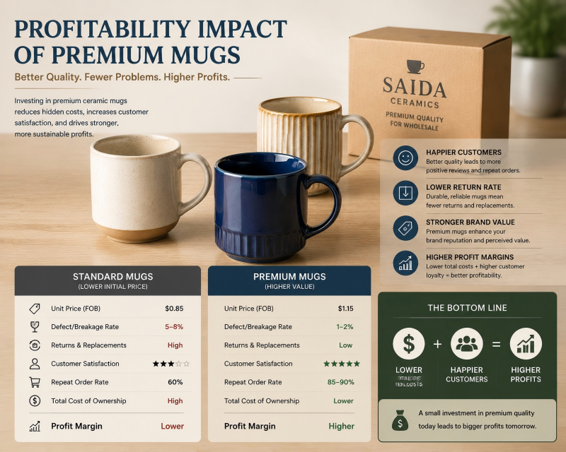 Profitability Impact of Premium Mugs A chart showing a downward trend for returns and an upward trend for profit after switching to a high quality ceramic mugs wholesale supplier.