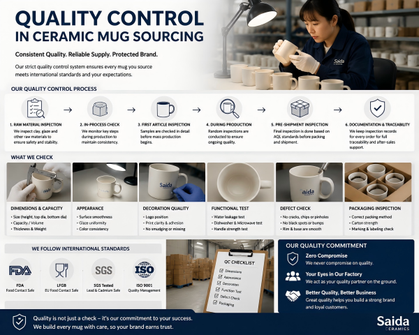 Quality Control in Ceramic Mug Sourcing A quality control inspector examining a batch of wholesale ceramic mugs for defects.