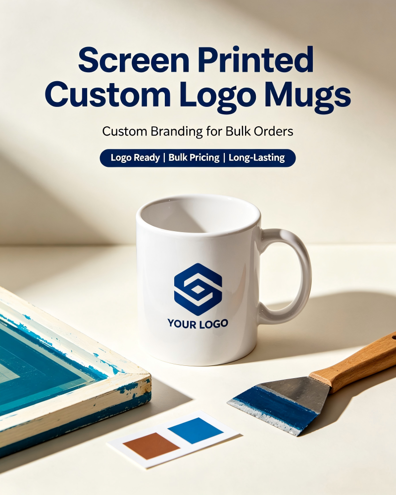 Screen Printed Custom Logo Mugs A stack of custom logo mugs printed with screen printing for a corporate giveaway