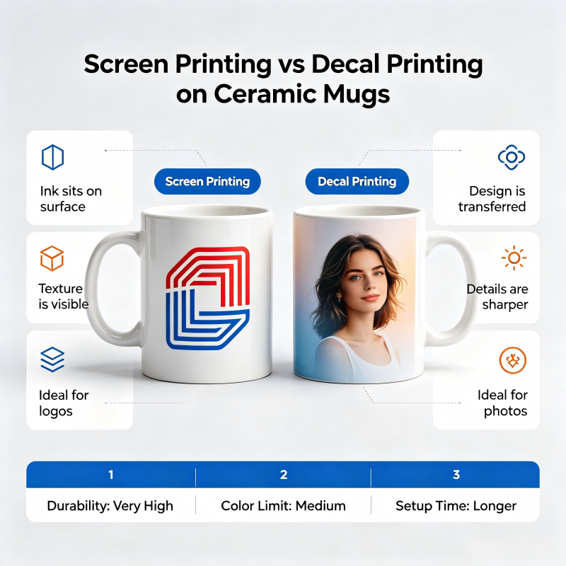 A close-up comparison of a screen printed mug and a decal printed mug