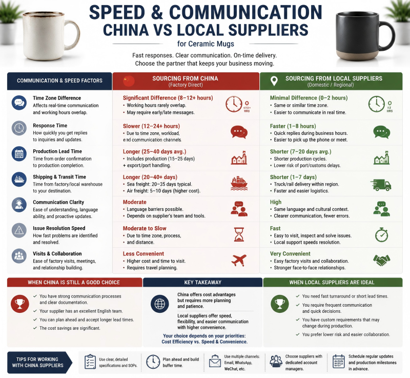 speed and communication China vs local suppliers for ceramic mugs
