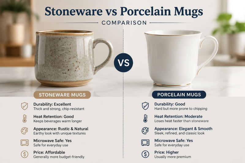 Stoneware vs Porcelain Mugs Comparison A side-by-side comparison of a rustic stoneware mug and an elegant porcelain mug.
