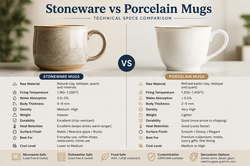 Stoneware vs Porcelain Mugs Technical Specs An infographic showing the firing temperatures and water absorption rates for stoneware and porcelain.