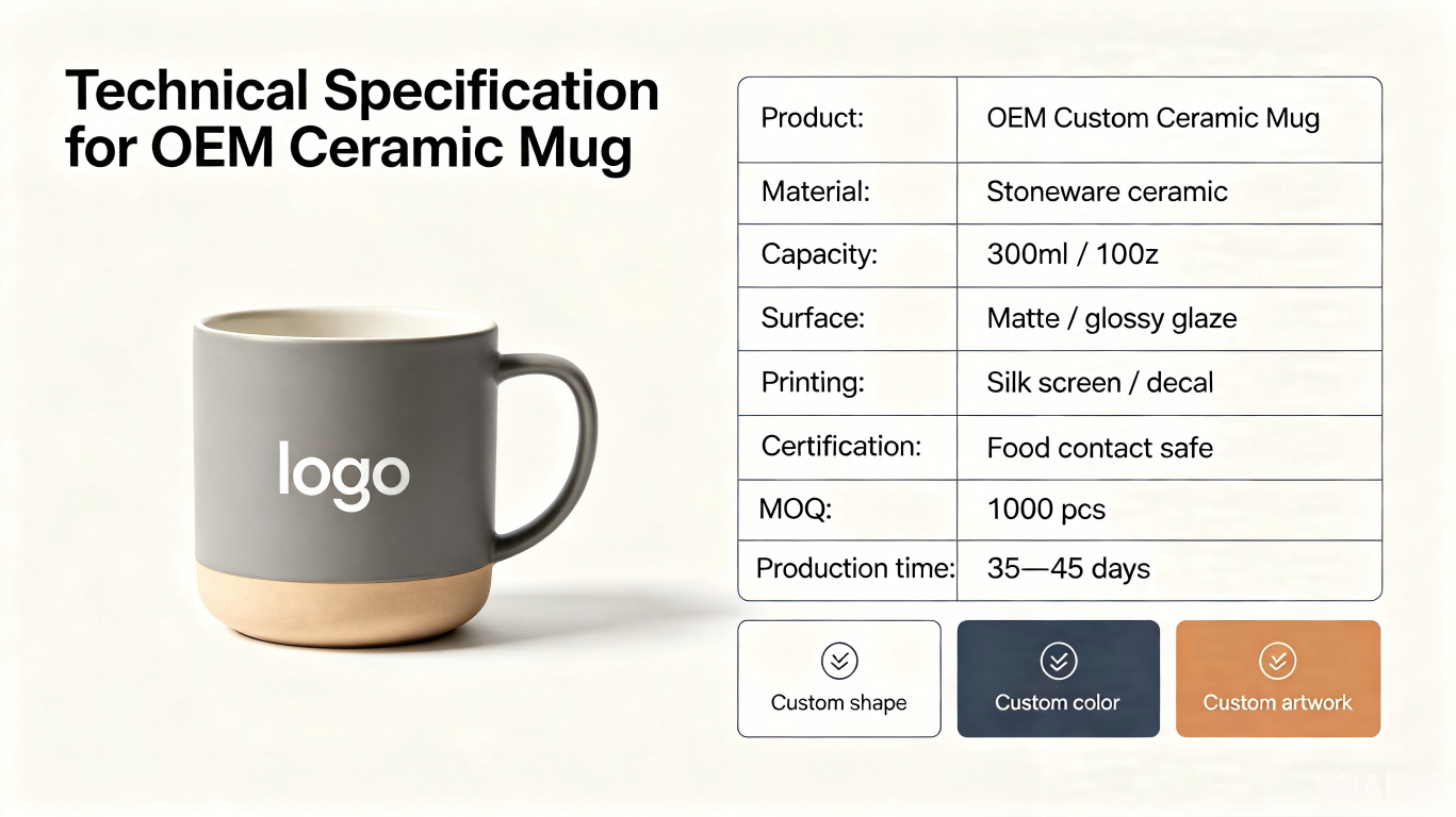 Technical Specification for OEM Ceramic Mug A detailed technical drawing for a custom ceramic mug, illustrating the OEM production process
