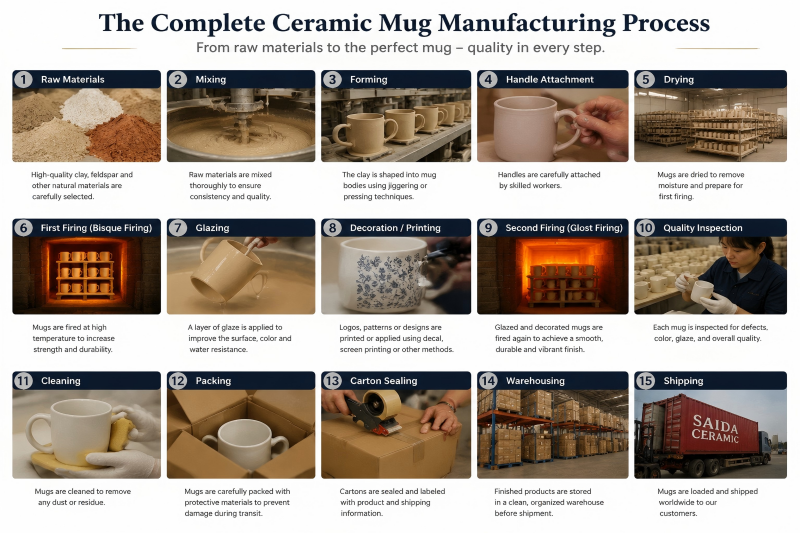 The Complete Ceramic Mug Manufacturing Process A photo collage showing different stages of the ceramic mug manufacturing process from clay to finished product.