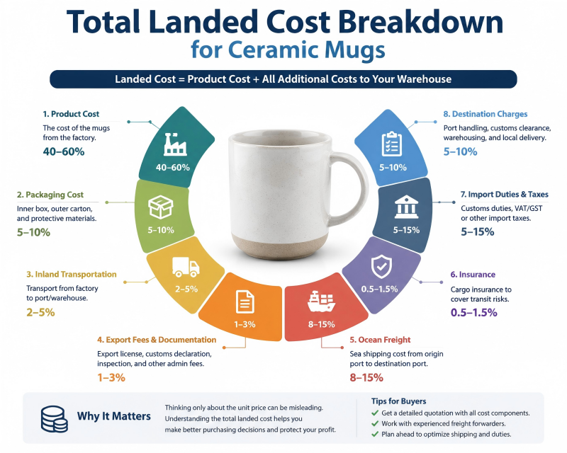 An infographic showing the cost breakdown from raw clay to final landed cost of a ceramic mug.