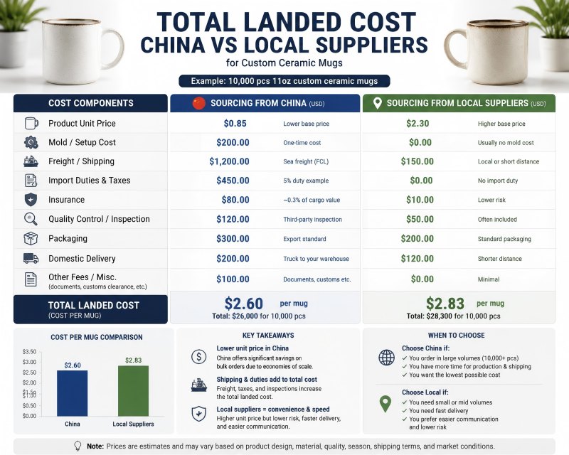 total landed cost China vs local suppliers for ceramic mugs