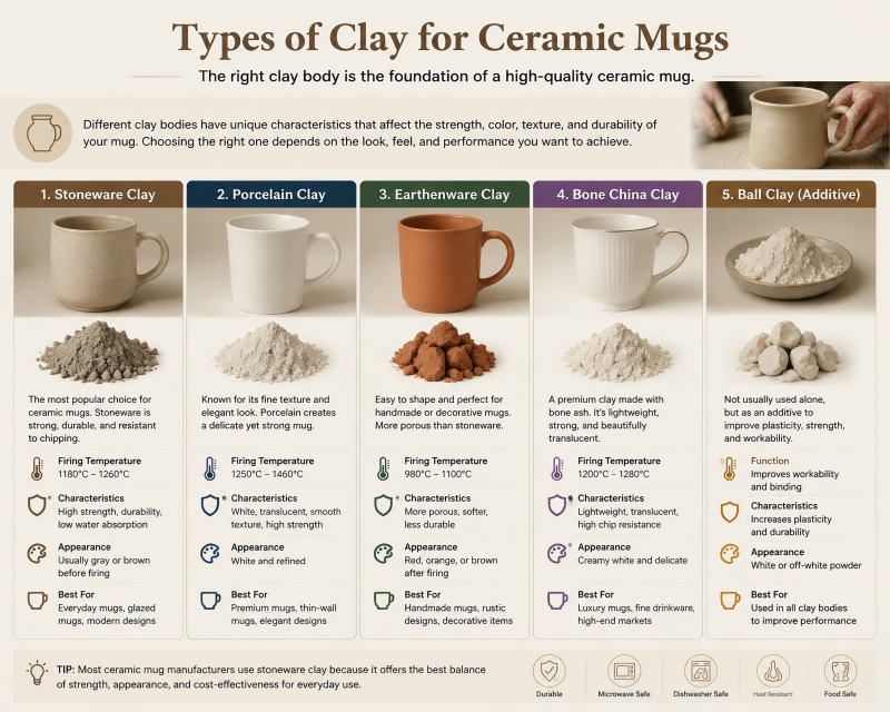 Types of Clay for Ceramic Mugs Three different types of raw clay blocks labeled earthenware, stoneware, and porcelain for the ceramic mug production process.