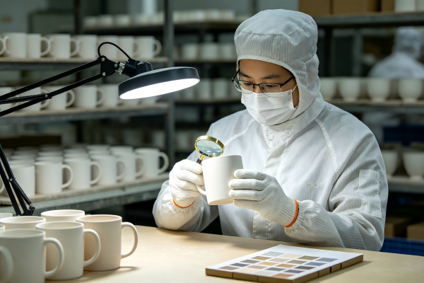 Vetting Ceramic Mug Suppliers A quality control inspector checking a ceramic mug in a factory