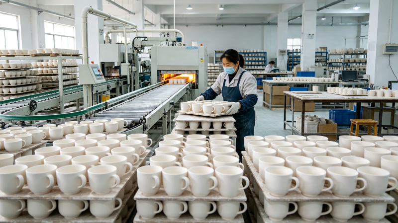 Wholesale Ceramic Mugs China Production A long conveyor belt inside a ceramic mug factory in China, showing the efficiency of mass production