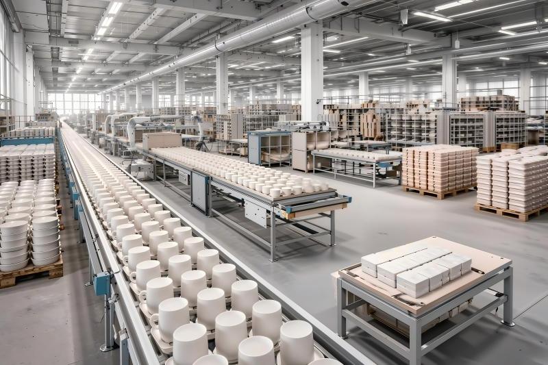 A busy ceramic mug factory in China with production lines