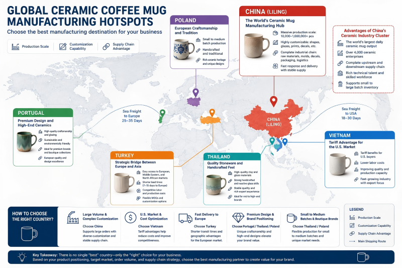 Choosing a country for ceramic mug manufacturing a collage of ceramic coffee mugs from different countries