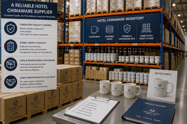 Warehouse shelves filled with neatly organized boxes of ceramic mugs, ready for shipment.