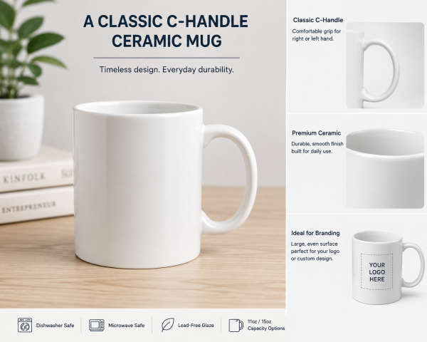 A classic ceramic mug, a popular style for corporate branding