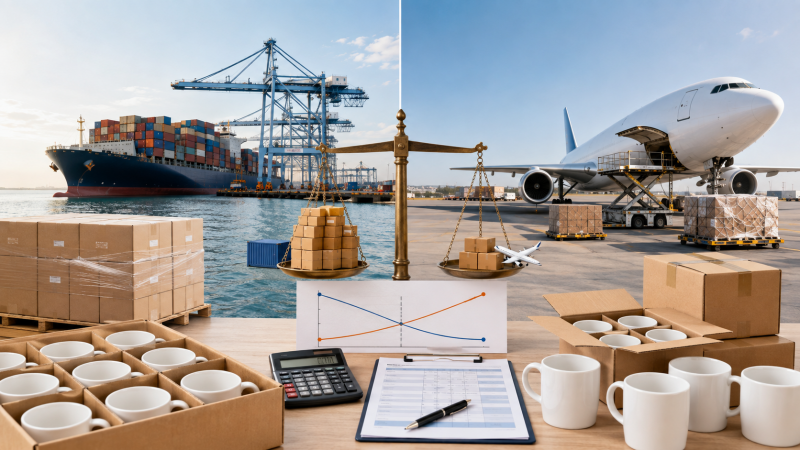 Air Freight vs Sea Freight Tipping Point A graph showing the cost tipping point between sea freight vs air freight for mug orders.