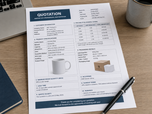 A close-up of a detailed manufacturing quotation, highlighting sections for materials, packaging, and incoterms for a ceramic mug order.
