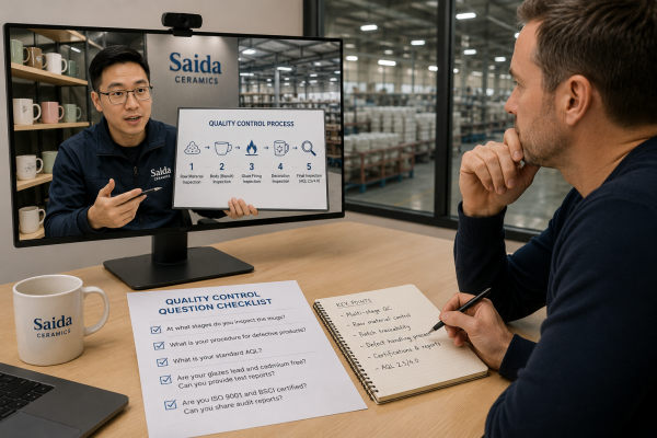 A buyer on a video call with a factory representative, asking detailed questions about their quality control process, showcasing how to select a long-term mug manufacturing partner.