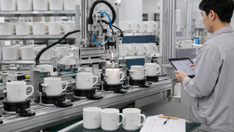 A robotic arm precisely applying a decal to a ceramic mug, a key part of brand protection in an automated ceramic mug factory.