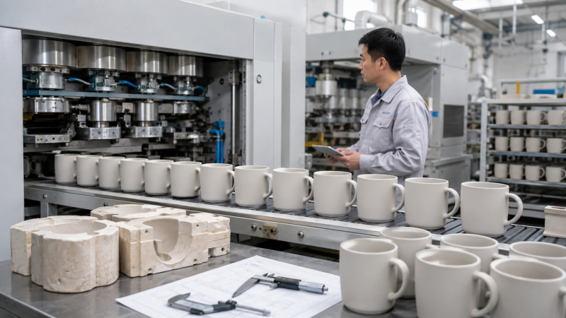 An automated press shaping clay into a mug, illustrating the precision of the custom ceramic mugs production process.