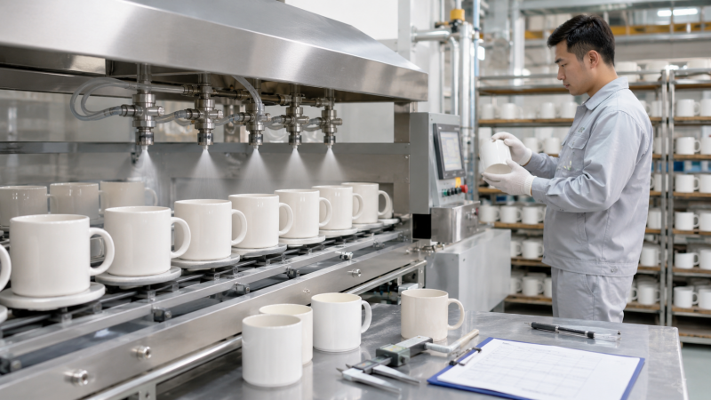 An automated spray nozzle evenly coating a ceramic mug with glaze, demonstrating superior ceramic mug quality control.