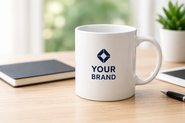 Branded Mugs for Marketing A stack of high-quality branded mugs ready for a marketing campaign