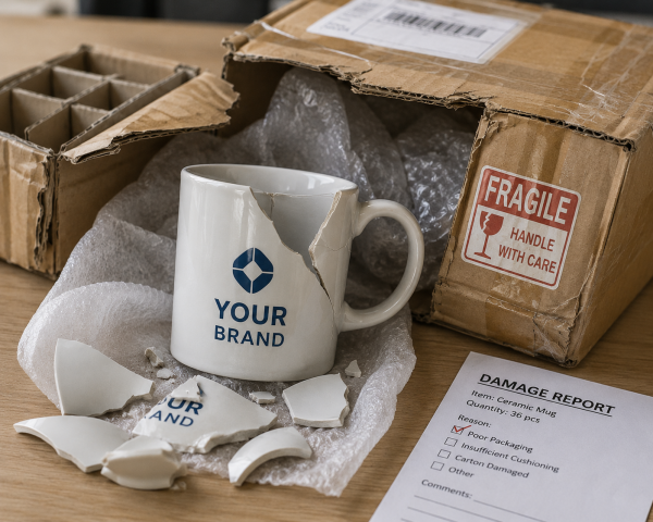 Broken Branded Mug from Poor Packaging A broken branded mug next to flimsy packaging, illustrating a failed shipment