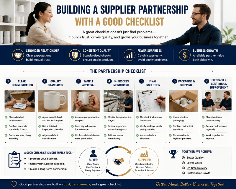 Two people, a buyer and a supplier, shaking hands over a table with ceramic mugs on it
