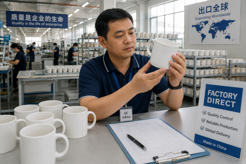 A close-up of a designer's hands holding a custom ceramic mug, comparing it to a technical drawing in a factory setting.