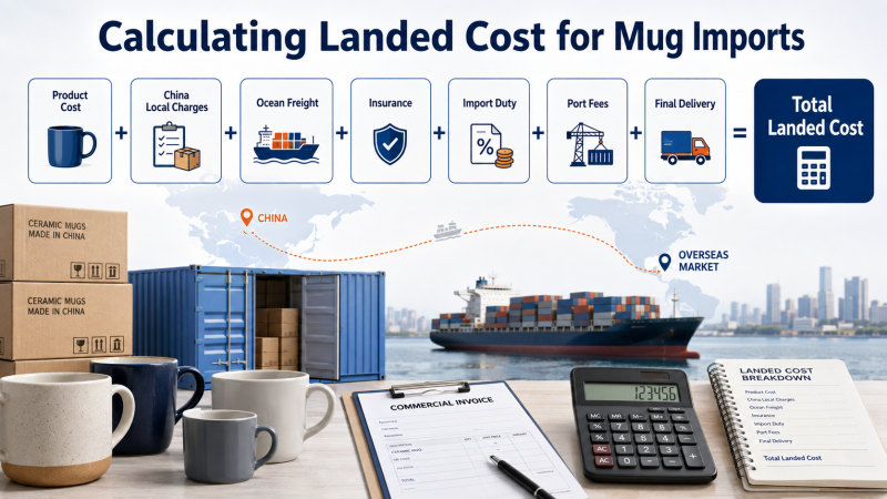 Calculating Landed Cost for Mug Imports A calculator and a ceramic mug representing the process of calculating the landed cost for mug imports