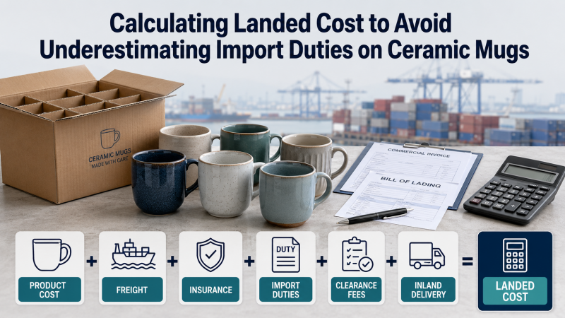 Calculating Landed Cost to Avoid Underestimating Import Duties on Ceramic Mugs Spreadsheet showing a landed cost calculation for ceramic mugs