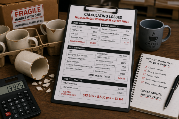 A stack of chipped commercial coffee mugs next to a calculator showing losses