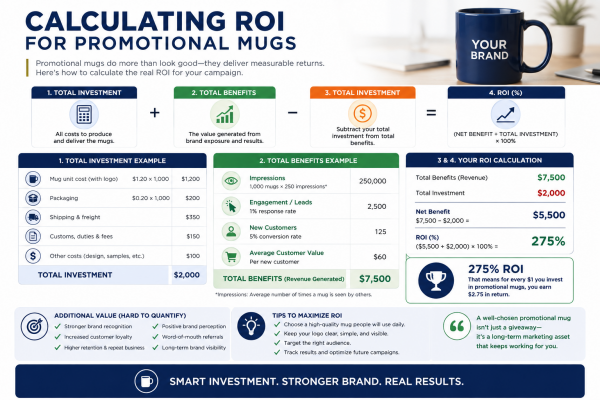 Calculating ROI for Promotional Mugs An infographic showing a calculation: a $5 mug used for 2 years has a lower cost per impression than a $50 digital ad campaign.