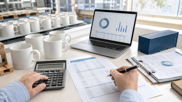 A calculator and a stack of invoices next to ceramic promotional mugs, representing the total landed cost