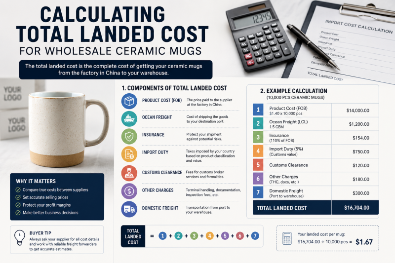 Calculating Total Landed Cost for Wholesale Ceramic Mugs A calculator and shipping documents next to a ceramic mug, symbolizing total landed cost calculation