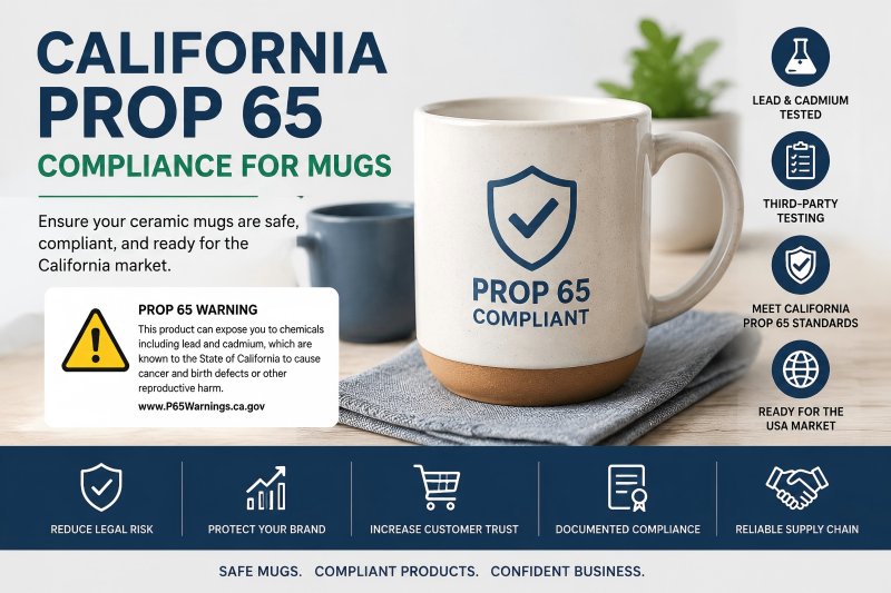 California Prop 65 Compliance for Mugs A display of compliant ceramic mugs ready for the US market, demonstrating California Prop 65 compliance for mugs.