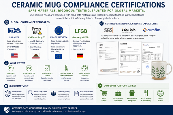 Ceramic Mug Compliance Certifications Logos for FDA, Prop 65, and LFGB compliance for ceramic products.