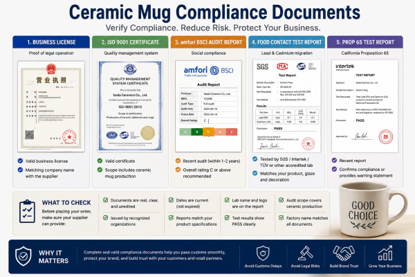 Ceramic Mug Compliance Documents A collage of compliance documents like BSCI audit reports and FDA test results for ceramic mugs.