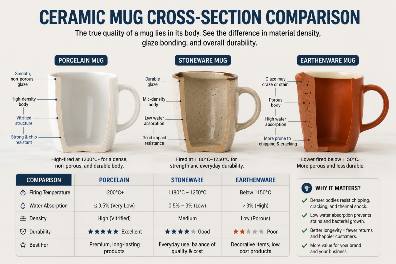 A split-screen image showing a thick, porous ceramic cross-section on one side and a thin, dense vitrified ceramic on the other, highlighting the difference in quality.