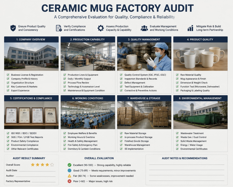 A person reviewing a quality control checklist on a clipboard in a factory setting. Alt text: A buyer performing a ceramic mug factory audit using a checklist to evaluate systems.