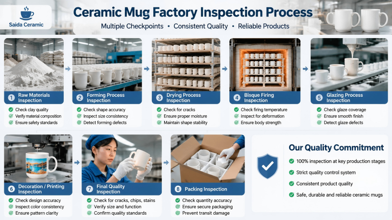 Ceramic Mug Factory Inspection Process A factory worker in a clean environment conducting a white-body inspection of ceramic mugs on a conveyor belt.