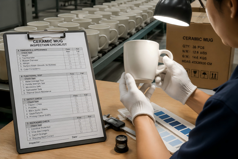 A quality inspector using a ceramic mug inspection checklist to examine a white ceramic mug on a factory line