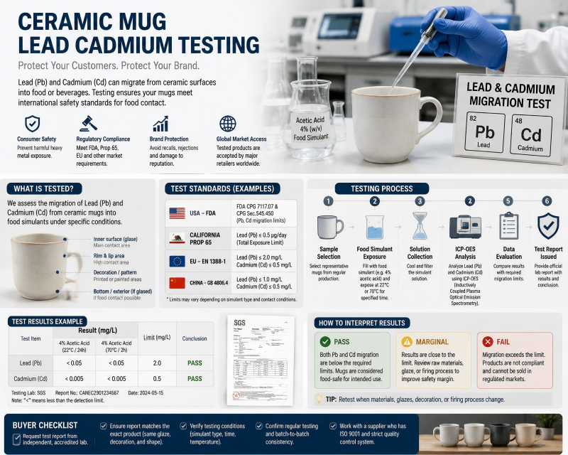 A lab technician performing ceramic mug lead cadmium testing on a sample mug with scientific equipment
