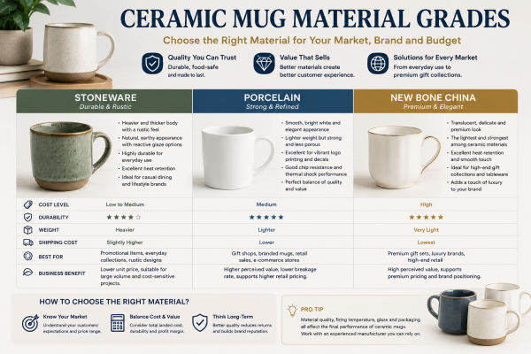Side-by-side comparison of different ceramic mug materials like stoneware and porcelain