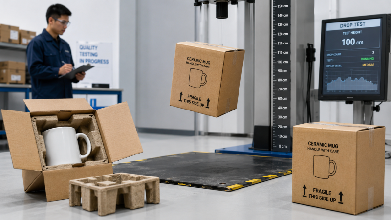 A factory worker performing a corner drop test on a master carton of wholesale ceramic mugs