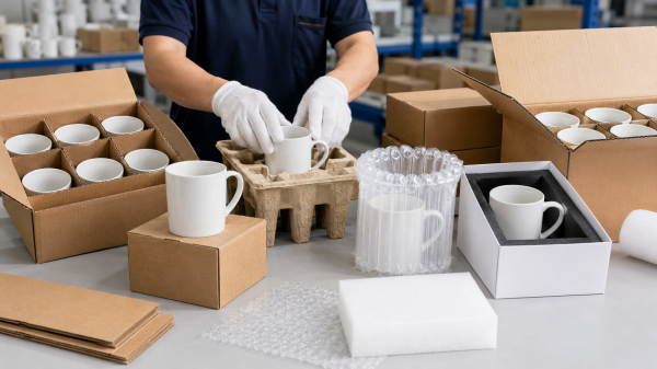 Different ceramic mug packaging for shipping options side-by-side: bubble wrap, air column, and molded pulp.
