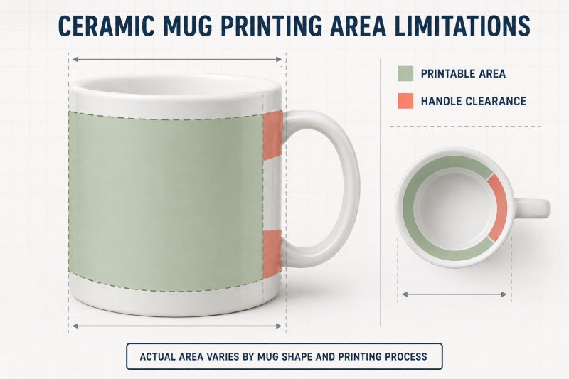 A diagram showing the printable area on a ceramic mug, highlighting the unprintable "blind spot" near the handle.