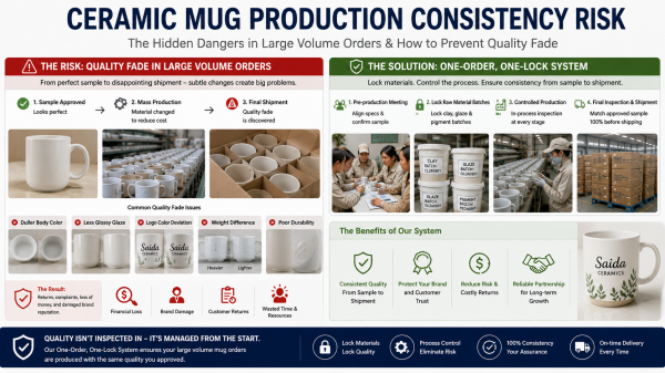 Comparing a high-quality pre-production sample mug with a lower-quality mass-produced one